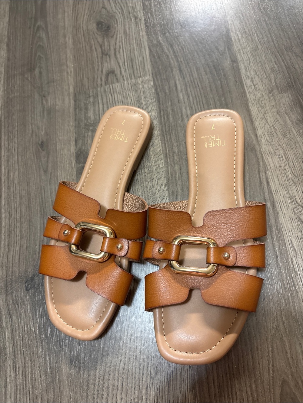 Time and Tru Cognac Slide Sandals with Gold Buckle